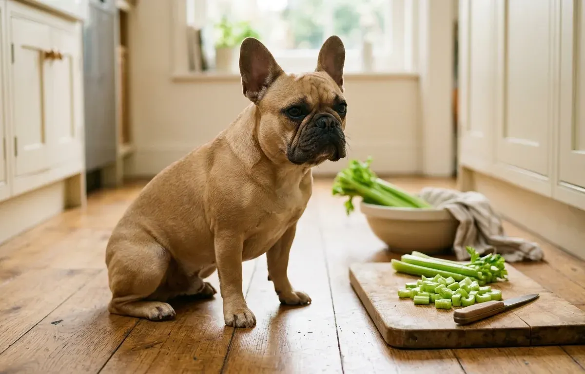 A fawn French Bulldog sitting on a kitchen floor beside small chopped celery pieces on a cutting board