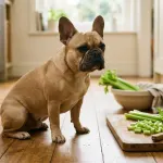 A fawn French Bulldog sitting on a kitchen floor beside small chopped celery pieces on a cutting board