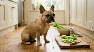 A fawn French Bulldog sitting on a kitchen floor beside small chopped celery pieces on a cutting board