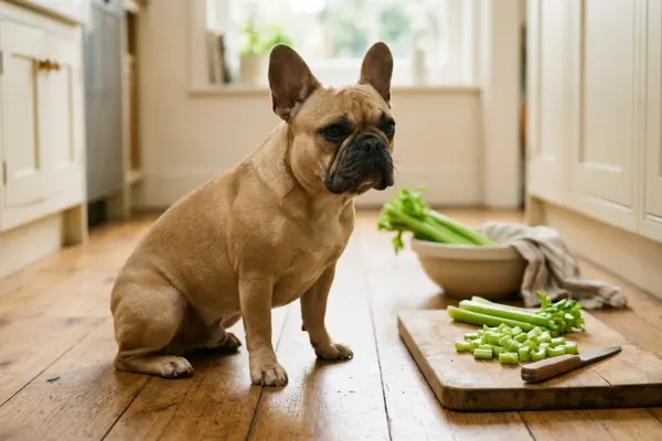 A fawn French Bulldog sitting on a kitchen floor beside small chopped celery pieces on a cutting board