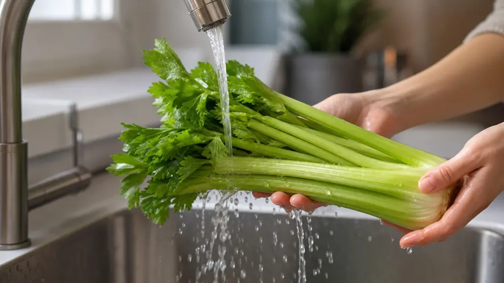 Fresh green celery stalks being washed under running water in a kitchen sink