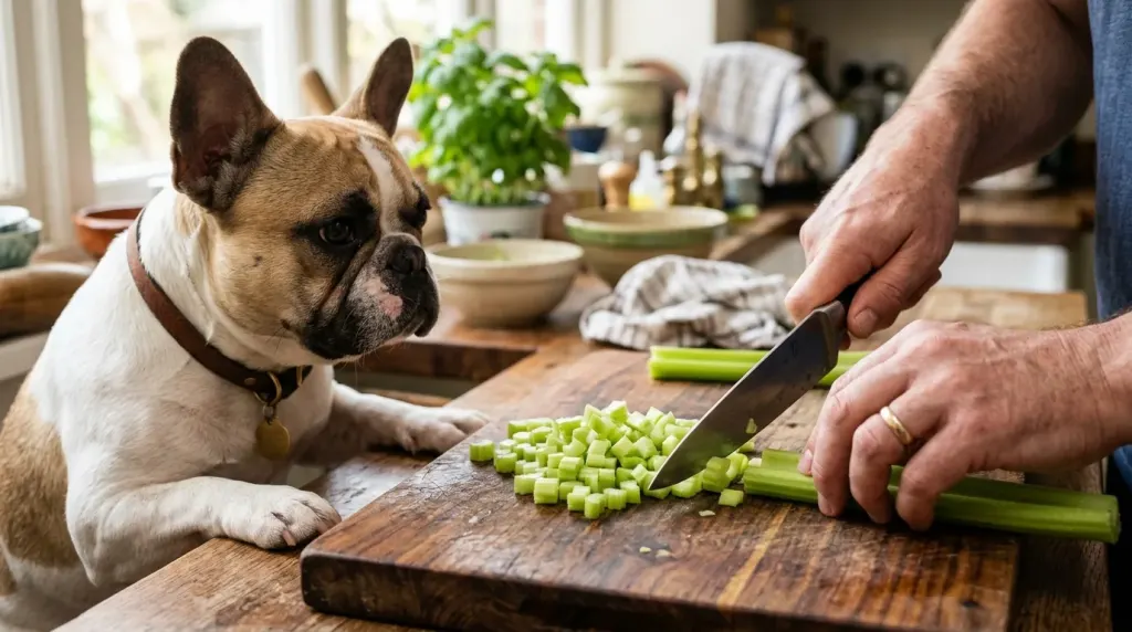 A dog owner chopping celery into small bite-sized pieces for a French Bulldog