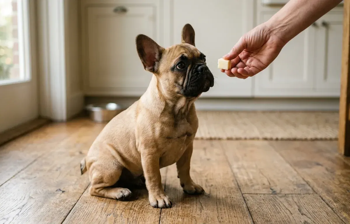 Fawn French Bulldog sitting on a wooden floor looking closely at a small cube of cheese.