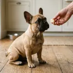 Fawn French Bulldog sitting on a wooden floor looking closely at a small cube of cheese.