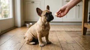Fawn French Bulldog sitting on a wooden floor looking closely at a small cube of cheese.