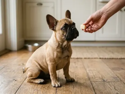 Fawn French Bulldog sitting on a wooden floor looking closely at a small cube of cheese.