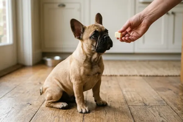 Fawn French Bulldog sitting on a wooden floor looking closely at a small cube of cheese.