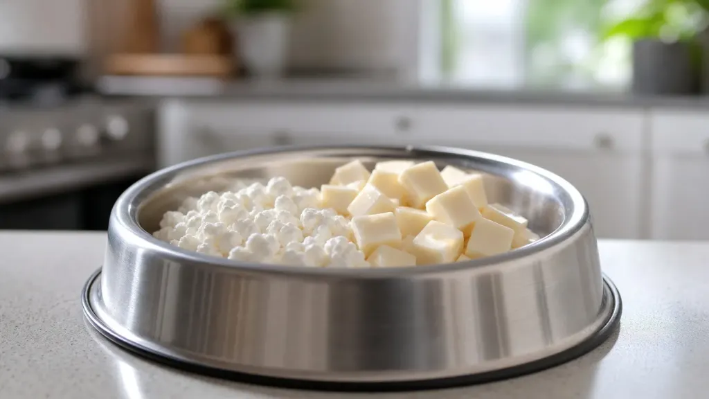 Small cubes of mozzarella and cottage cheese in a pet dish.