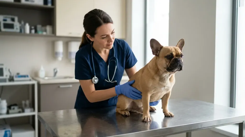 Veterinarian inspecting a French Bulldog on an examination table in a clinic.