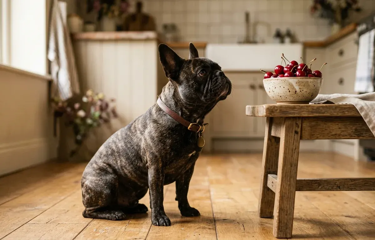 A French Bulldog looking at a bowl of fresh cherries on a table in a bright room.