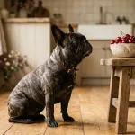 A French Bulldog looking at a bowl of fresh cherries on a table in a bright room.