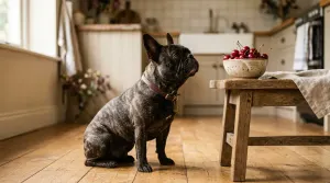 A French Bulldog looking at a bowl of fresh cherries on a table in a bright room.