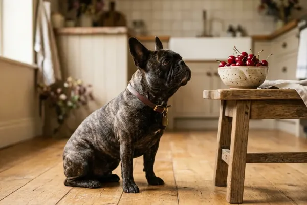 A French Bulldog looking at a bowl of fresh cherries on a table in a bright room.