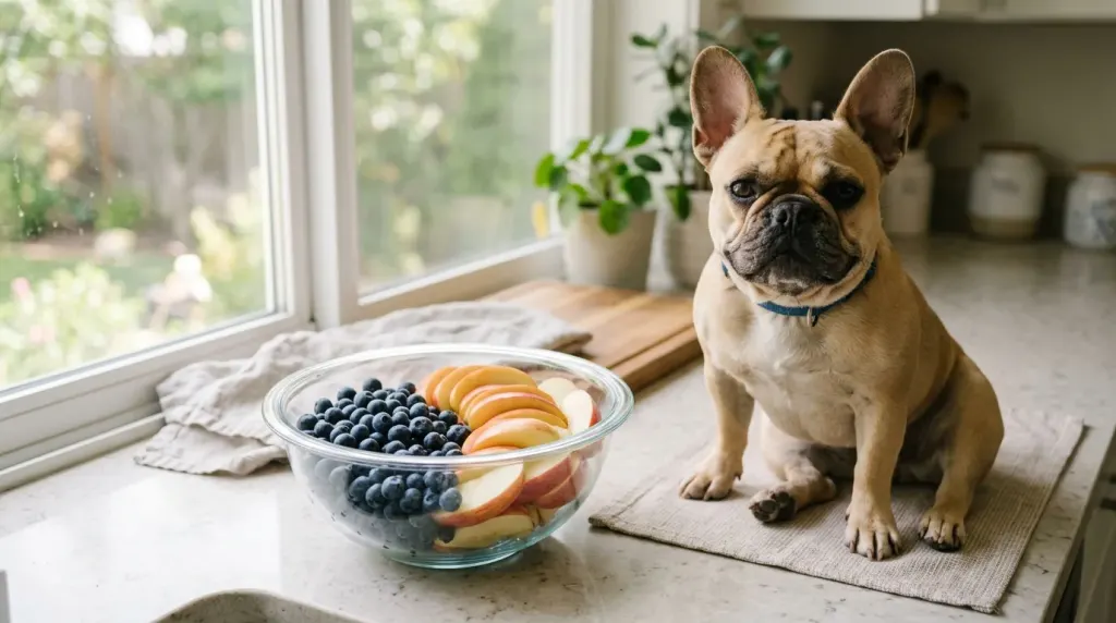 A bowl of safe fresh fruits like blueberries and apple slices prepared for a pet.