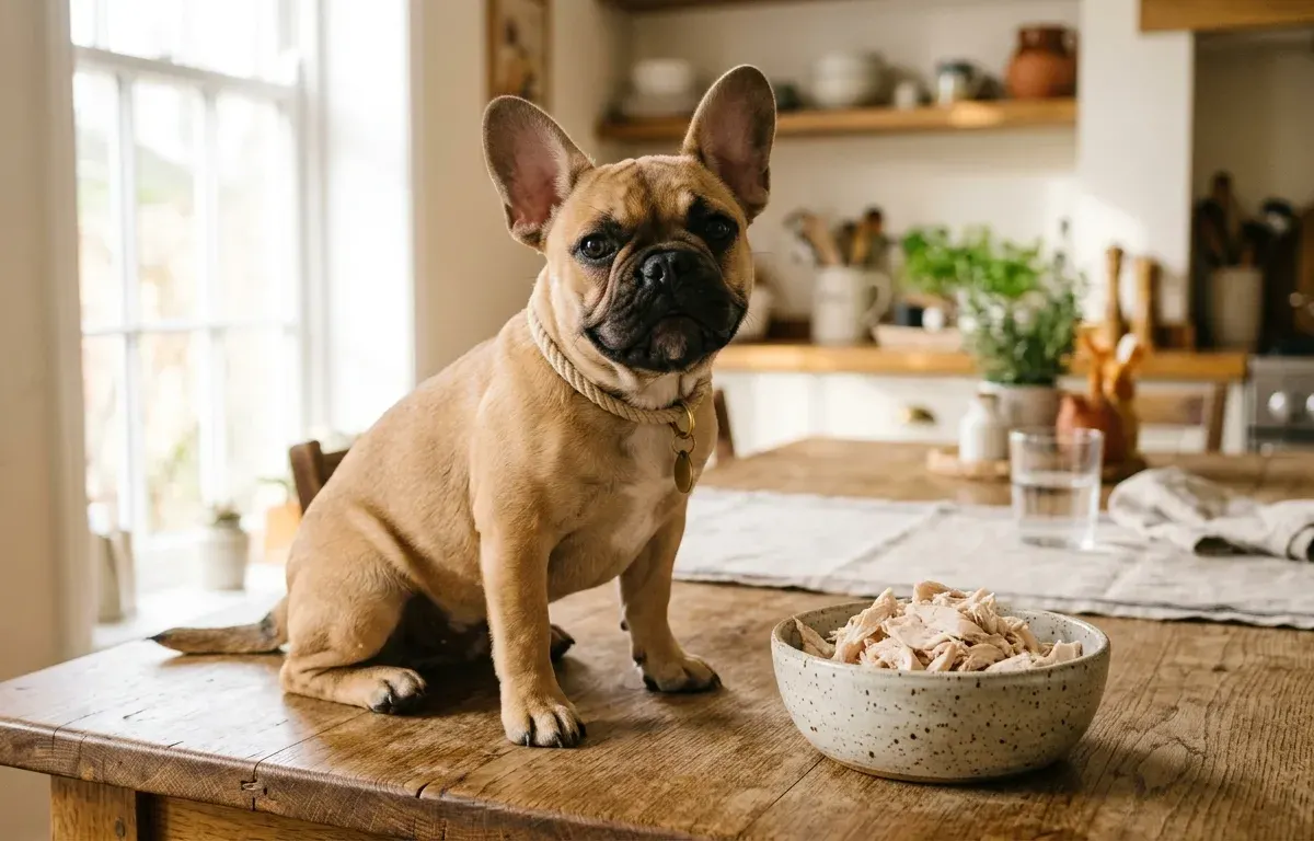 A French Bulldog sitting near a bowl of plain cooked chicken breast in a kitchen.