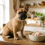 A French Bulldog sitting near a bowl of plain cooked chicken breast in a kitchen.