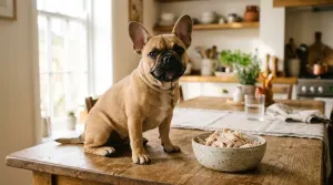 A French Bulldog sitting near a bowl of plain cooked chicken breast in a kitchen.