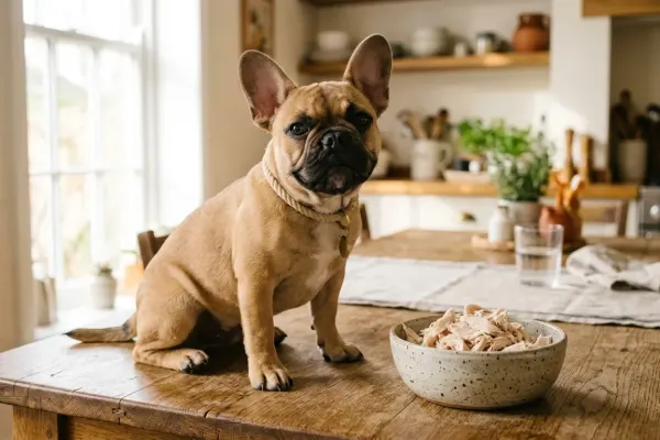 A French Bulldog sitting near a bowl of plain cooked chicken breast in a kitchen.