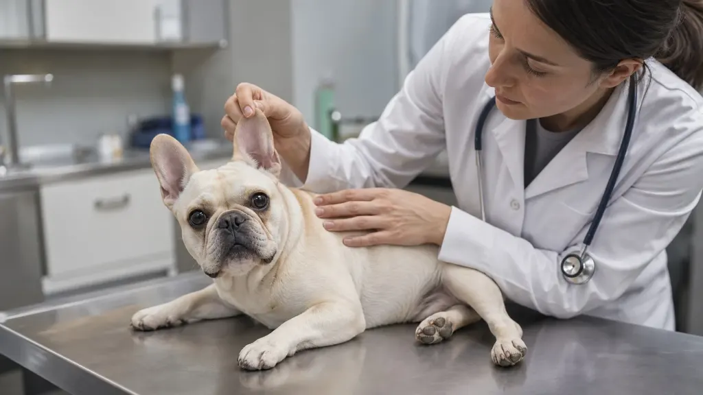 A veterinarian examining a French Bulldog for signs of skin and ear allergies.