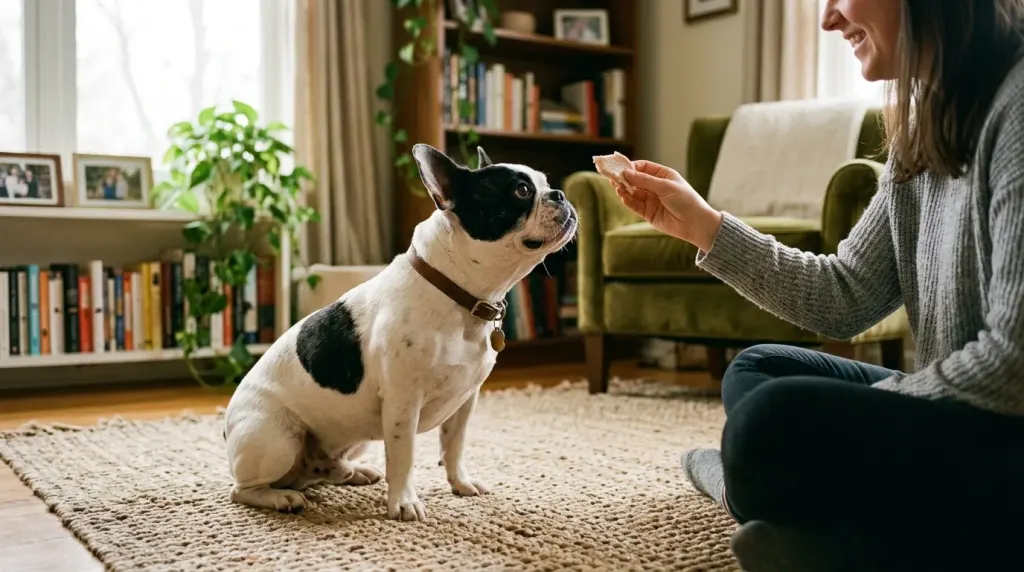 A dog owner giving a piece of plain cooked chicken treat to a French Bulldog.
