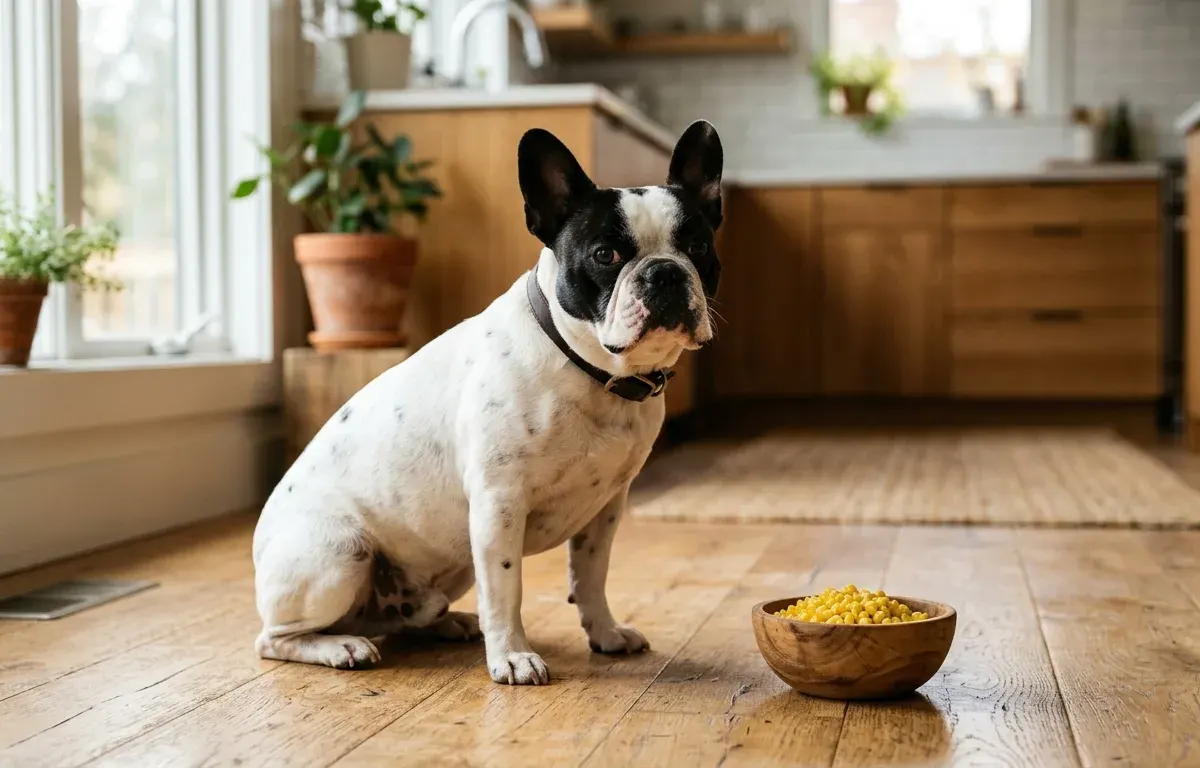 A pied French Bulldog sitting next to a small bowl of cooked yellow corn kernels on a kitchen floor