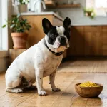 A pied French Bulldog sitting next to a small bowl of cooked yellow corn kernels on a kitchen floor