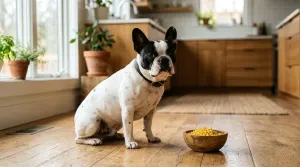 A pied French Bulldog sitting next to a small bowl of cooked yellow corn kernels on a kitchen floor
