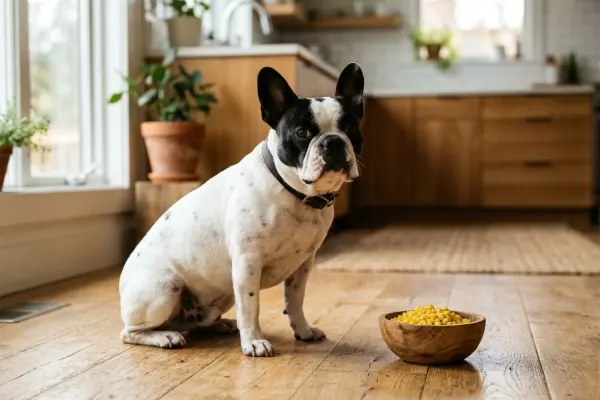 A pied French Bulldog sitting next to a small bowl of cooked yellow corn kernels on a kitchen floor