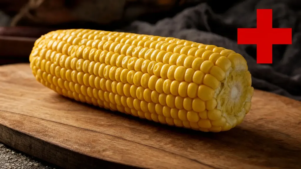 A close-up view of a whole corn on the cob illustrating choking and bowel blockage hazards for dogs