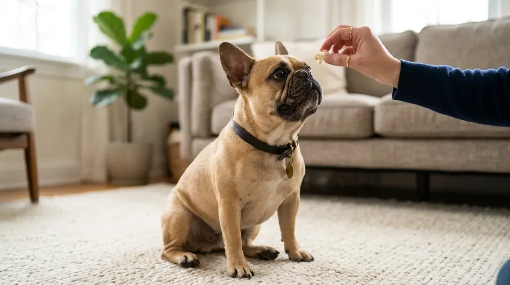 A pet owner feeding a piece of plain air-popped popcorn to a fawn French Bulldog