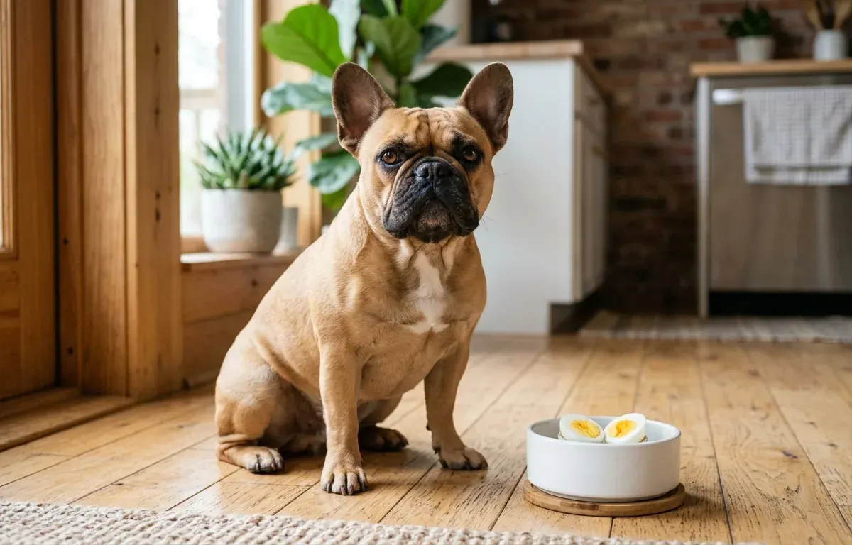 A fawn French bulldog sitting on a kitchen floor next to a bowl of plain cooked egg.