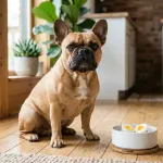A fawn French bulldog sitting on a kitchen floor next to a bowl of plain cooked egg.