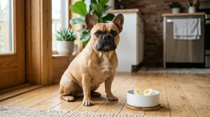 A fawn French bulldog sitting on a kitchen floor next to a bowl of plain cooked egg.