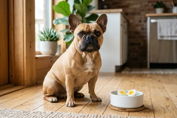 A fawn French bulldog sitting on a kitchen floor next to a bowl of plain cooked egg.