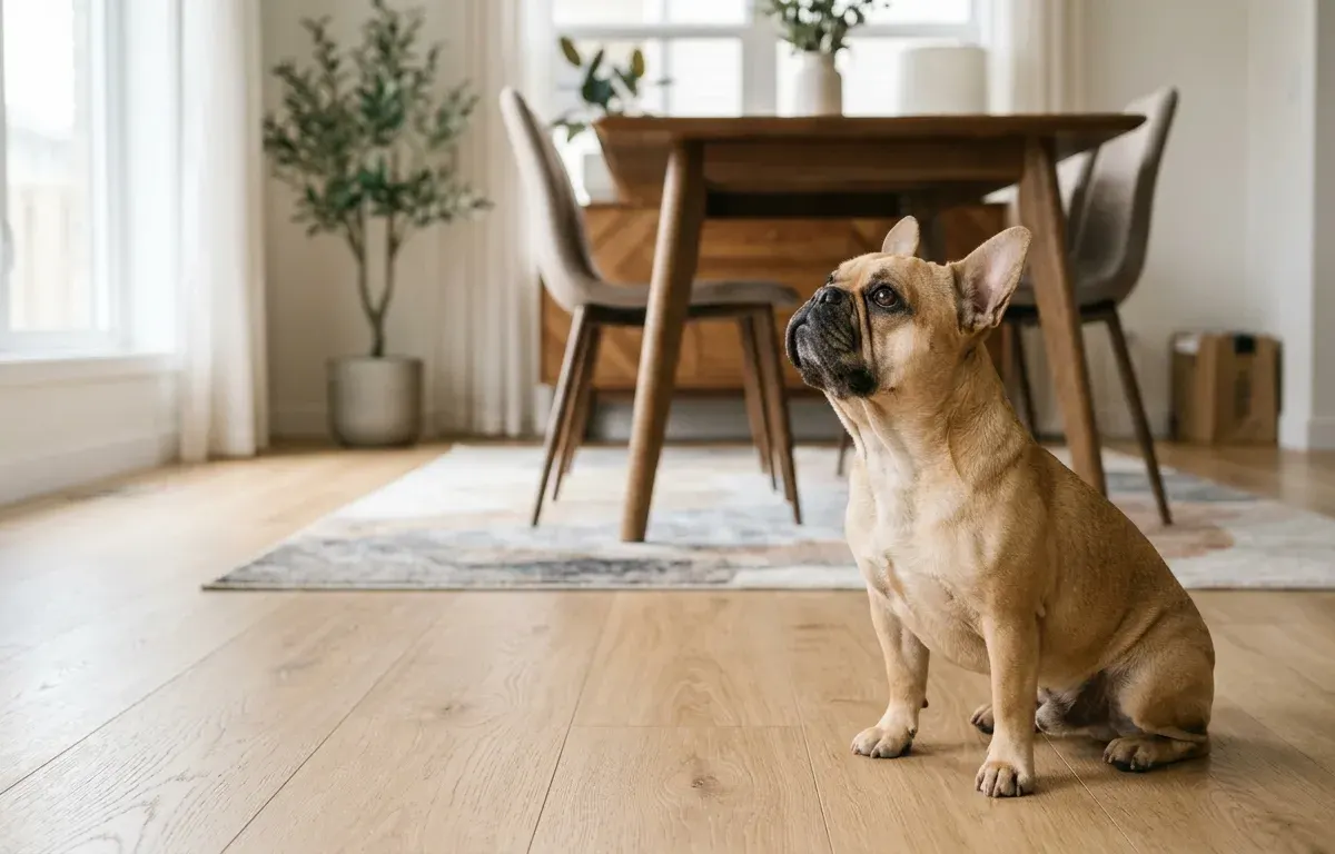 A fawn French Bulldog sitting attentively on a living room floor.