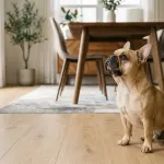A fawn French Bulldog sitting attentively on a living room floor.