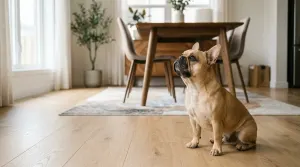 A fawn French Bulldog sitting attentively on a living room floor.