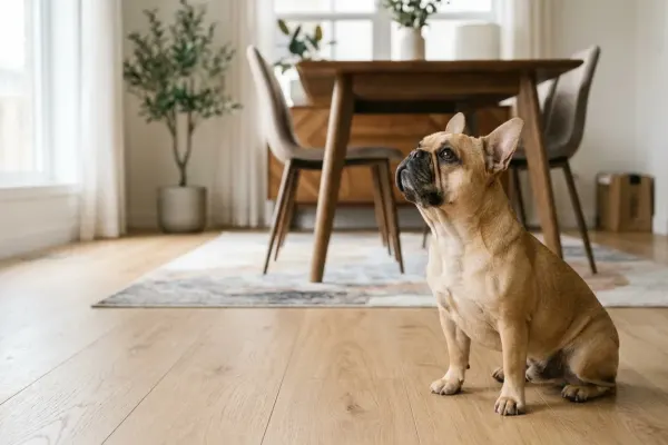 A fawn French Bulldog sitting attentively on a living room floor.