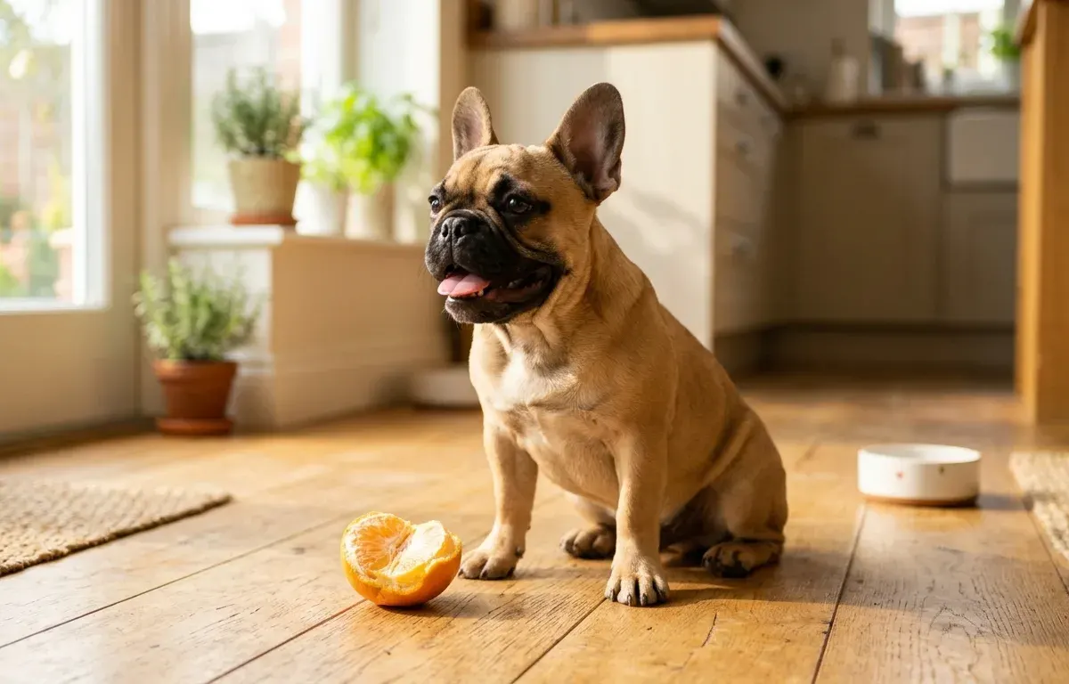 A French Bulldog sitting next to a peeled orange segment on a kitchen floor.