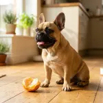 A French Bulldog sitting next to a peeled orange segment on a kitchen floor.
