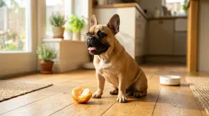 A French Bulldog sitting next to a peeled orange segment on a kitchen floor.