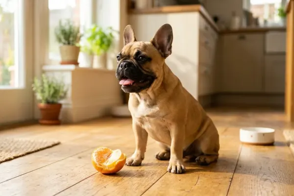 A French Bulldog sitting next to a peeled orange segment on a kitchen floor.