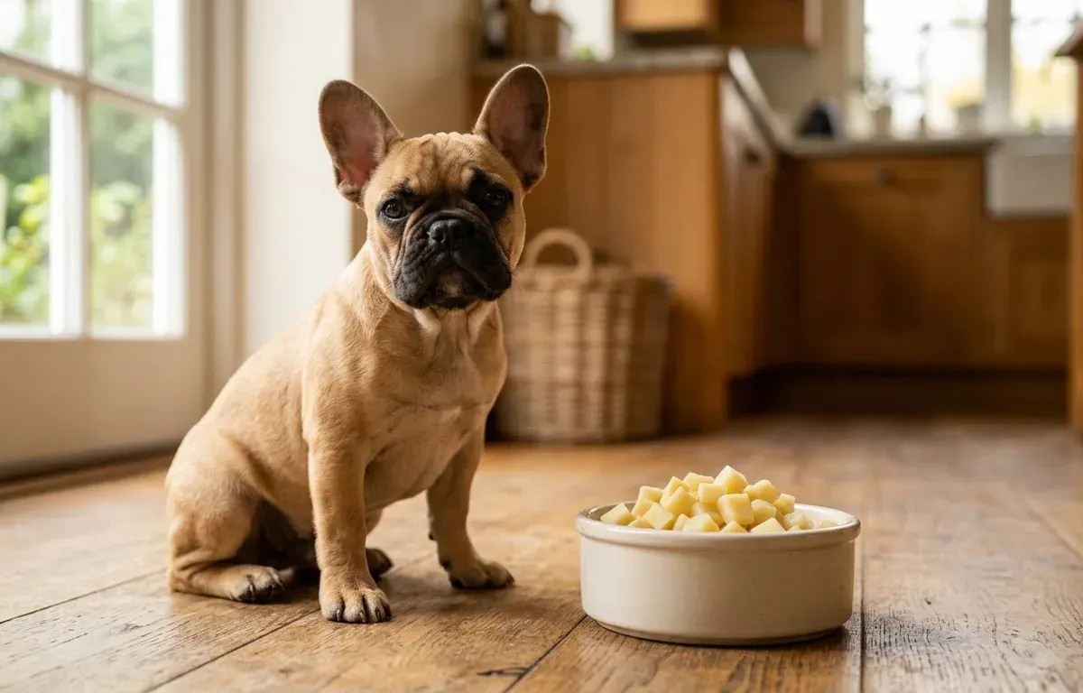 A French Bulldog sitting near a bowl of plain cooked parsnip cubes on a wooden floor.