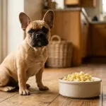 A French Bulldog sitting near a bowl of plain cooked parsnip cubes on a wooden floor.