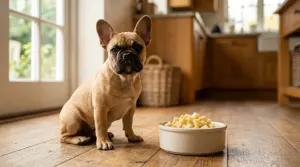 A French Bulldog sitting near a bowl of plain cooked parsnip cubes on a wooden floor.