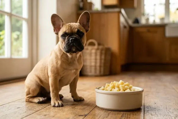A French Bulldog sitting near a bowl of plain cooked parsnip cubes on a wooden floor.