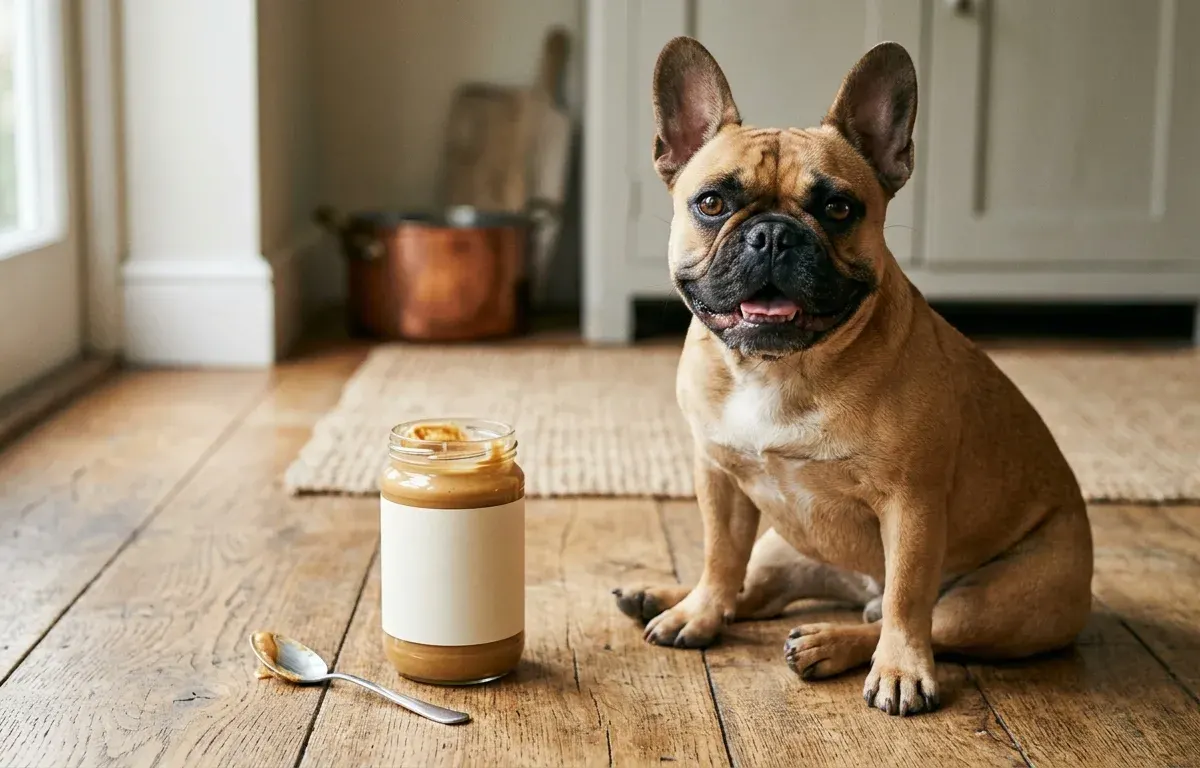 A fawn French Bulldog sitting near a jar of natural peanut butter on a wooden floor.