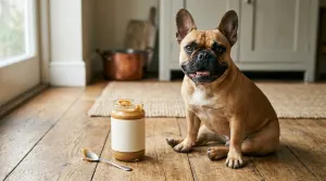A fawn French Bulldog sitting near a jar of natural peanut butter on a wooden floor.