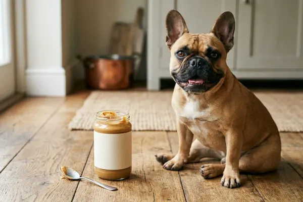 A fawn French Bulldog sitting near a jar of natural peanut butter on a wooden floor.