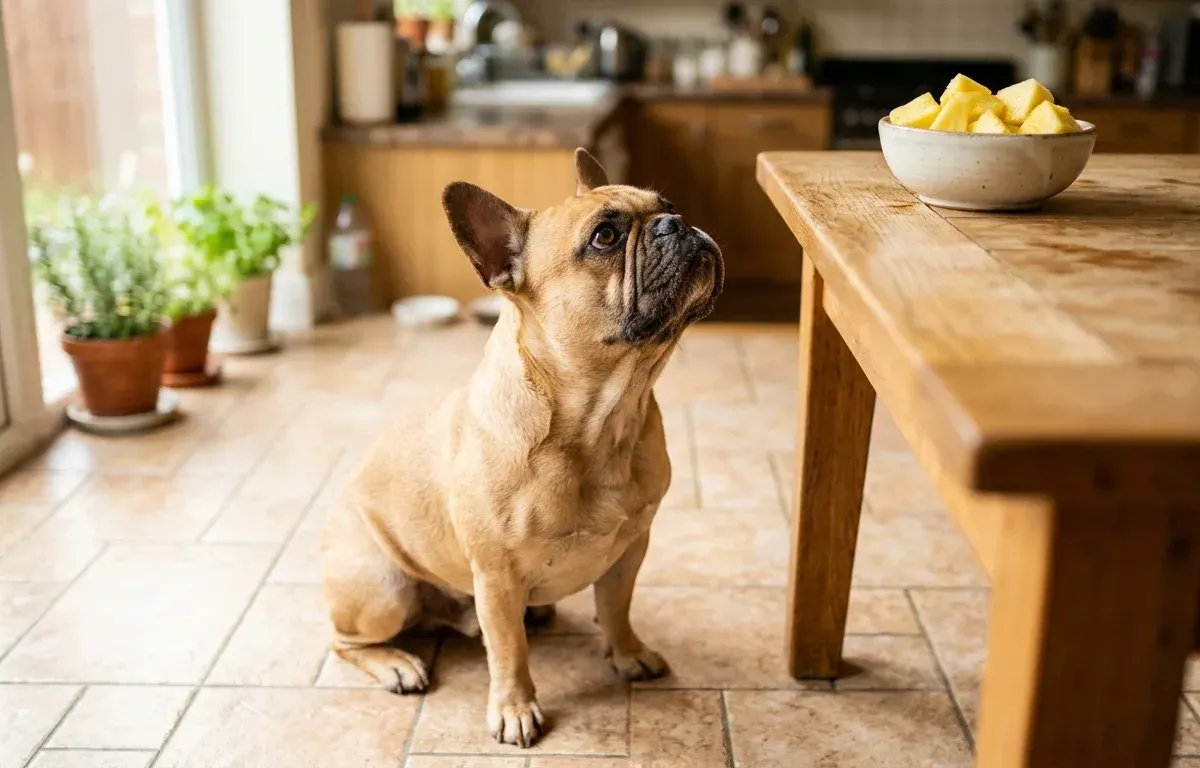 French Bulldog looking up at a bowl of fresh cut pineapple chunks